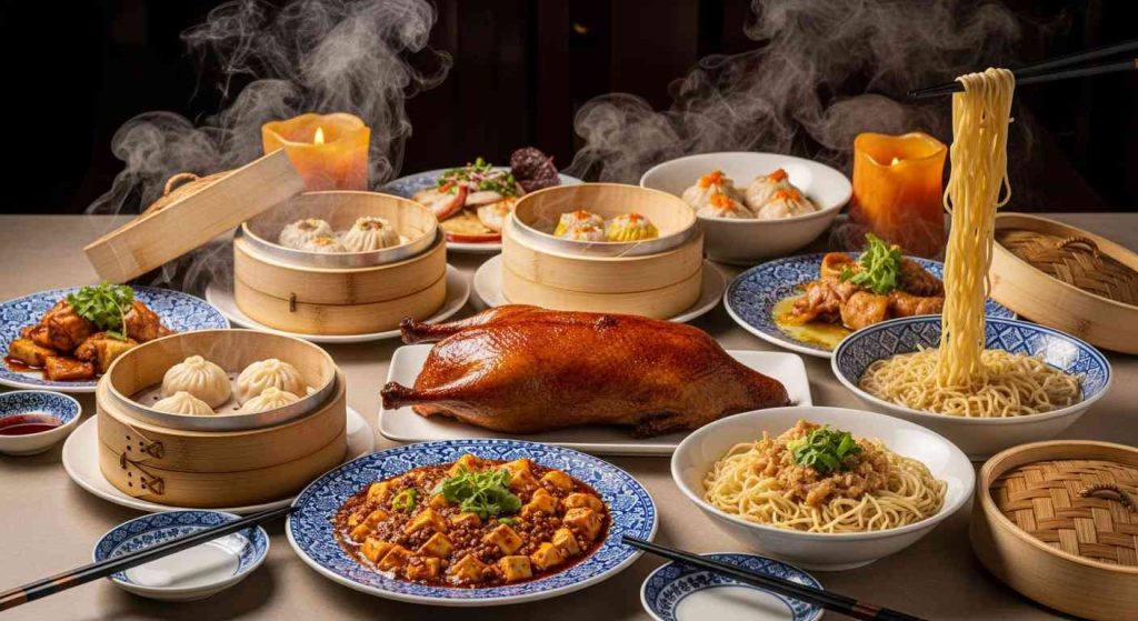 Popular Chinese dishes on a table, including Peking Duck and Dim Sum