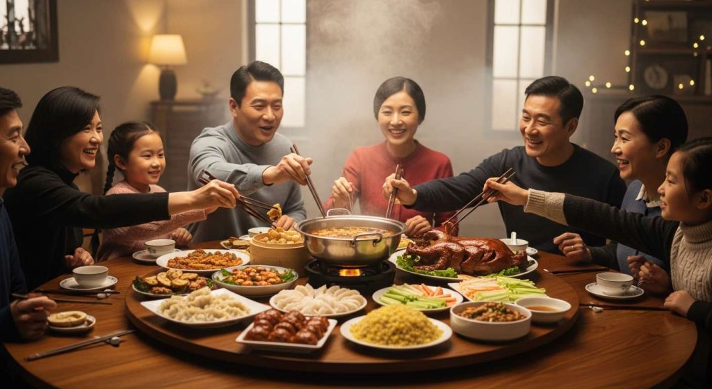 Small family-owned Chinese restaurant interior with warm lighting