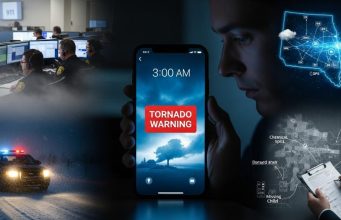 Department of Public Safety Emergency Alerts, Real-Time Notifications & Resources in the USA Department of Public Safety emergency alert on smartphone with stormy sky background