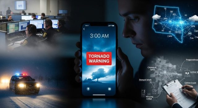 Department of Public Safety emergency alert on smartphone with stormy sky background
