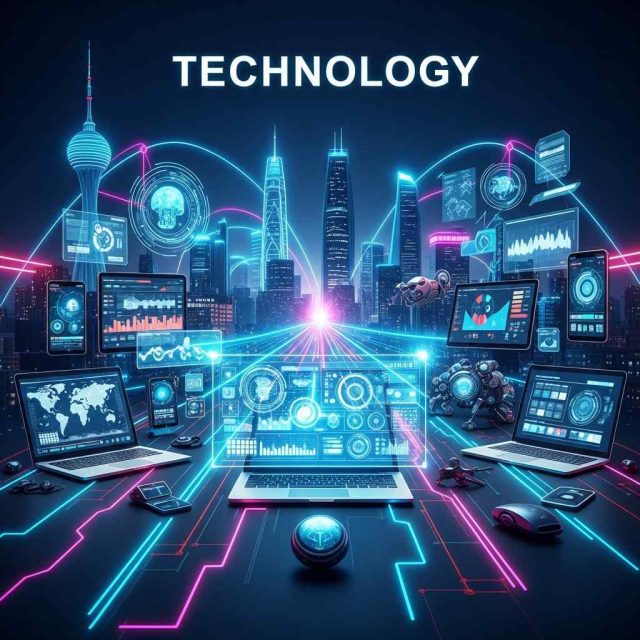 Futuristic technology scene with smart devices, AI elements, laptops, smartphones, and digital innovation background representing modern technology Futuristic technology scene with smart devices, AI elements, laptops, smartphones, and digital innovation background representing modern technology