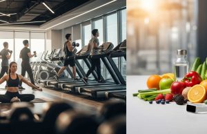 What you need to know to live longer, stronger, and happier in 2026 Modern gym scene with people exercising, healthy food, yoga mats, dumbbells, and fitness accessories representing health and fitness
