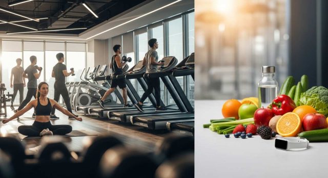 Modern gym scene with people exercising, healthy food, yoga mats, dumbbells, and fitness accessories representing health and fitness Modern gym scene with people exercising, healthy food, yoga mats, dumbbells, and fitness accessories representing health and fitness