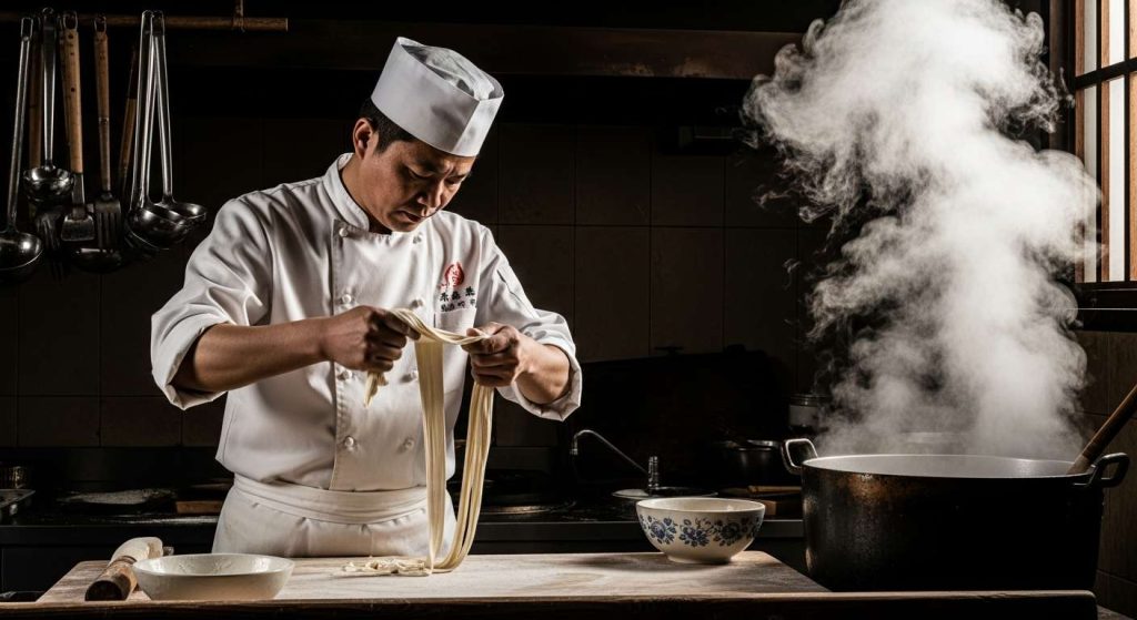 Chef hand-pulling Lanzhou noodles in a Chinese kitchen