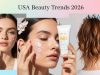 USA Beauty Trends 2026: From Clean Girl Makeup to SPF Culture USA beauty trends 2026 collage showing clean girl makeup, SPF sunscreen, lazy girl hairstyle and pop of color lipstick