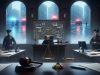Understanding the Balance Between Law, Order, and Human Rights Courtroom scene with judge gavel, justice scales, police investigation board, and crime scene representing crime and justice