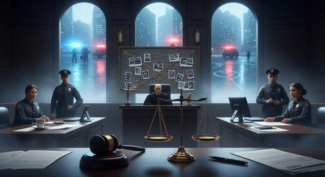 Courtroom scene with judge gavel, justice scales, police investigation board, and crime scene representing crime and justice