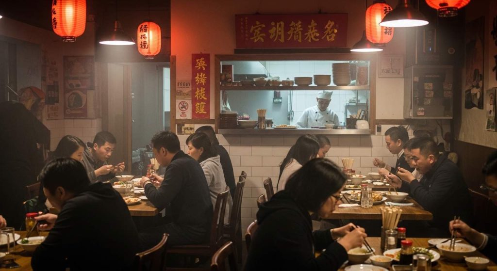 Family sharing Chinese food around a lazy Susan table