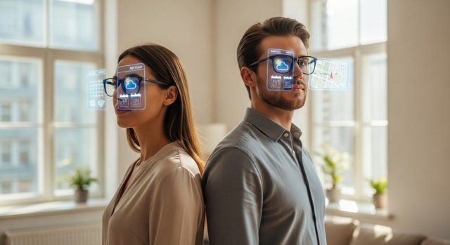 Professional man and woman wearing smart glasses with augmented reality hologram display in modern living room