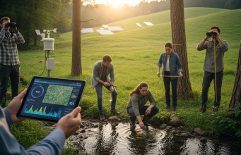 Environmental Science: Understanding Our Planet’s Life Support System Diverse team of environmental scientists conducting field research in forest - collecting water samples, measuring trees, and checking air quality data on tablet