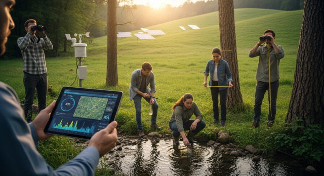 Diverse team of environmental scientists conducting field research in forest - collecting water samples, measuring trees, and checking air quality data on tablet