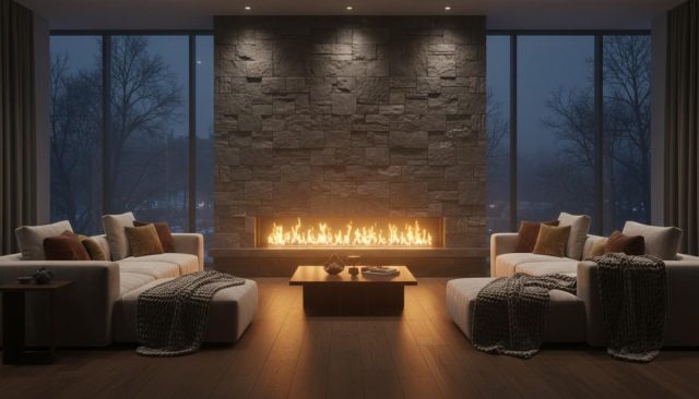 2026 fireplace design trends mood board - floor-to-ceiling walls, frameless linear, natural materials, smart technology