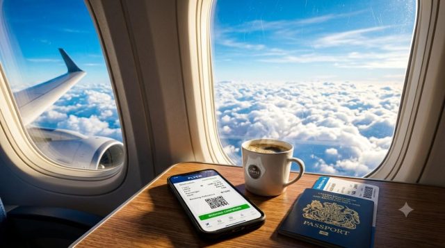 Airplane window with clouds, smartphone showing flight booking confirmation on tray table Airplane window with clouds, smartphone showing flight booking confirmation on tray table