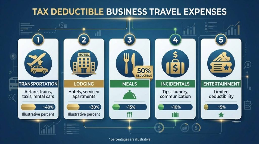 5 business travel cost-saving strategies infographic - simplify policies, corporate tools, advance booking, discounts, approvals