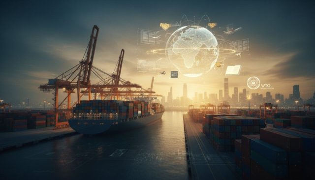 Container ship at modern port with digital globe and trade routes, World Trade Organization global trade concept