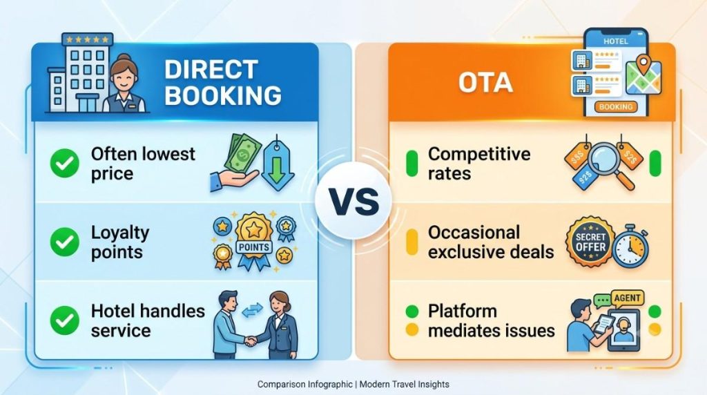 Direct booking vs OTA comparison table - price, cancellation, loyalty, service, room selection