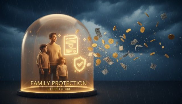 Family protected by life insurance shield with golden policy document, financial safety net concept