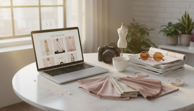 Fashion-blogger-workspace-with-laptop,-camera,-magazines,-and-accessories-on-marble-table