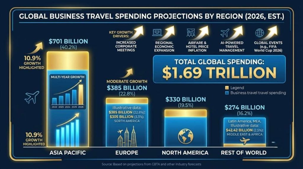Global business travel spending chart 2026 - Asia Pacific $701B, Global $1.69T