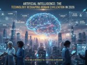 Artificial Intelligence: The Technology Reshaping Human Civilization in 2026 Glowing digital brain with neural networks above human hand, AI and human connection futuristic concept