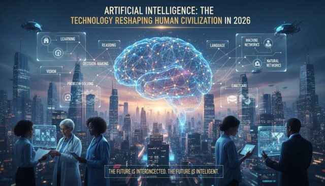 Glowing digital brain with neural networks above human hand, AI and human connection futuristic concept