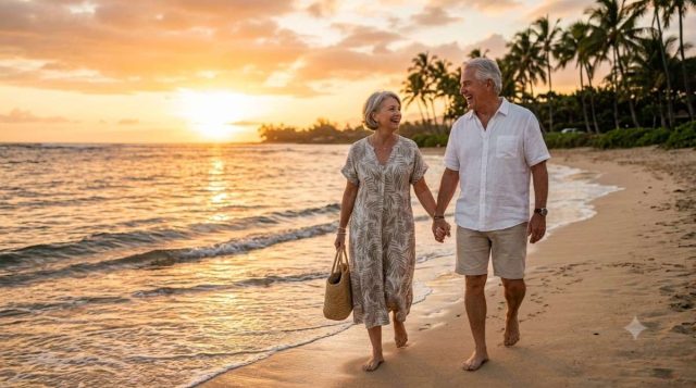 Happy retired couple walking on beach at sunset, retirement freedom and financial independence concept
