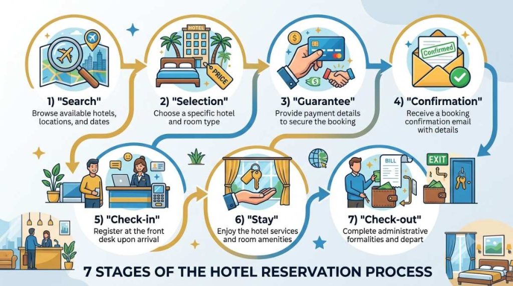 7-step hotel reservation process flowchart - search, select, guarantee, confirm, check-in, stay, check-out
