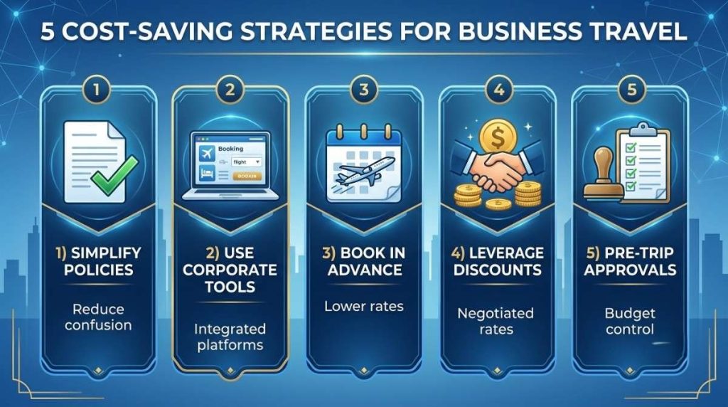 5 business travel cost-saving strategies infographic - simplify policies, corporate tools, advance booking, discounts, approvals
