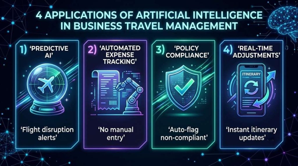4 AI applications in business travel management - predictive, expense tracking, compliance, real-time adjustments