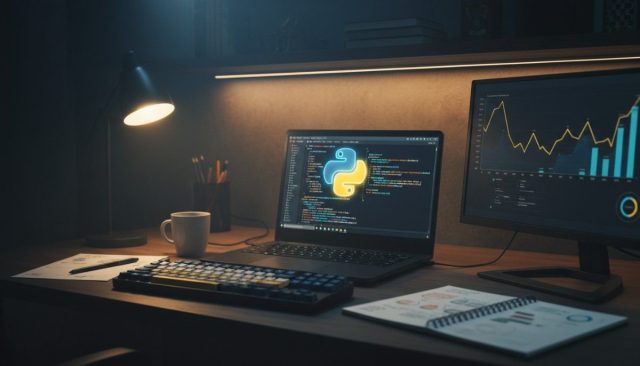 Laptop displaying Python code on screen with Python logo, modern developer workspace