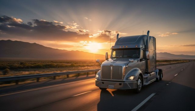 Modern semi-truck on highway at sunset with professional driver, truck driving school career concept