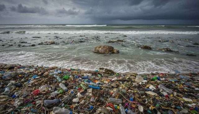 Ocean beach covered in plastic waste with sea turtle swimming through polluted water, plastic pollution crisis