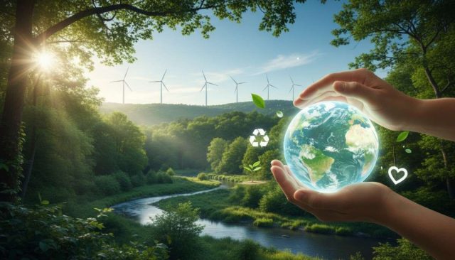 Person holding glowing Earth globe with hands, green forest background, environmental protection concept