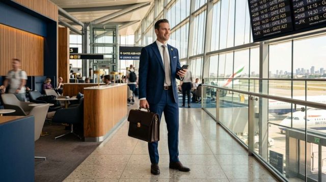 Professional business traveler with briefcase and smartphone in modern airport lounge Professional business traveler with briefcase and smartphone in modern airport lounge