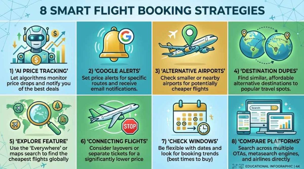 8 smart flight booking strategies - AI tracking, alerts, alternative airports, destination dupes, explore, connections, windows, compare