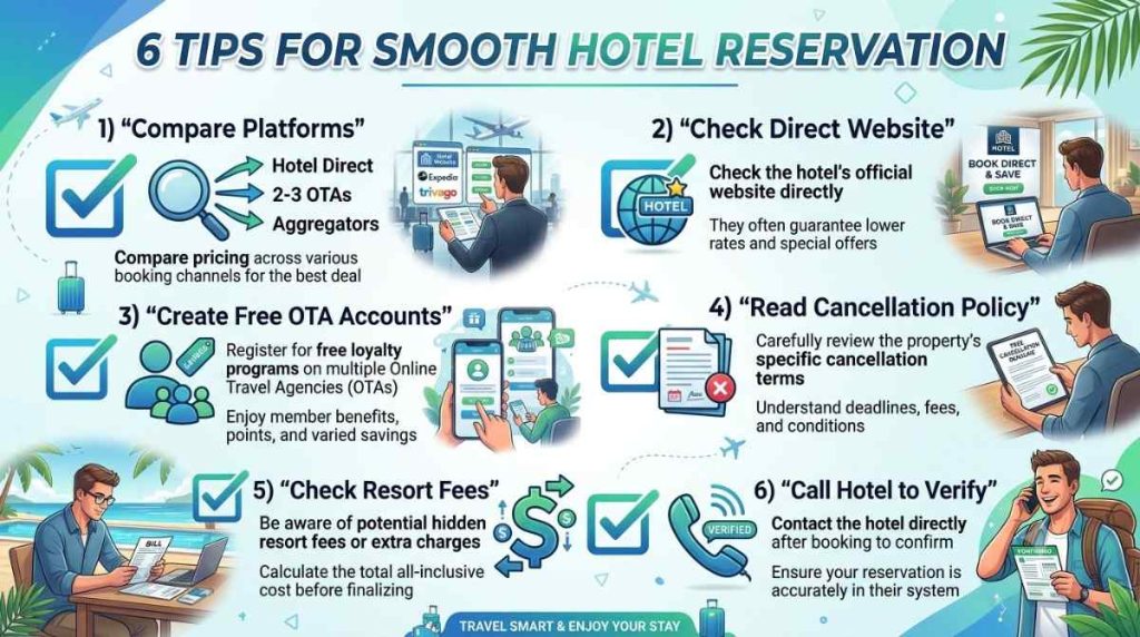 6 tips for smooth hotel booking checklist - compare platforms, direct site, OTA accounts, read policy, verify