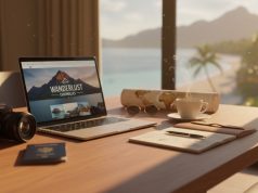 The Complete Guide to Building a Successful Travel Blog in 2026 Travel blogger workspace with laptop, camera, passport, and map on wooden table with scenic view