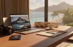 The Complete Guide to Building a Successful Travel Blog in 2026 Travel blogger workspace with laptop, camera, passport, and map on wooden table with scenic view