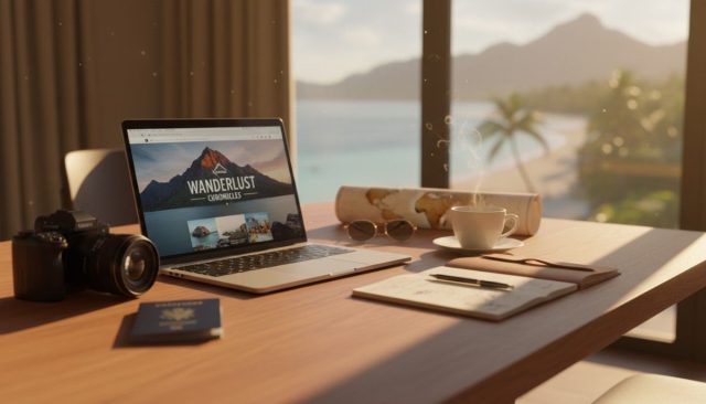 Travel blogger workspace with laptop, camera, passport, and map on wooden table with scenic view