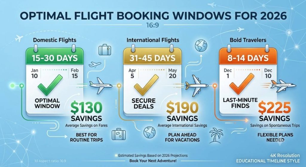 Flight booking timing timeline - domestic 15-30 days, international 31-45 days, bold 8-14 days