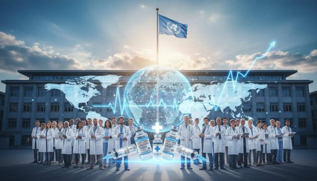 World Health Organization headquarters Geneva with healthcare workers and global health symbols