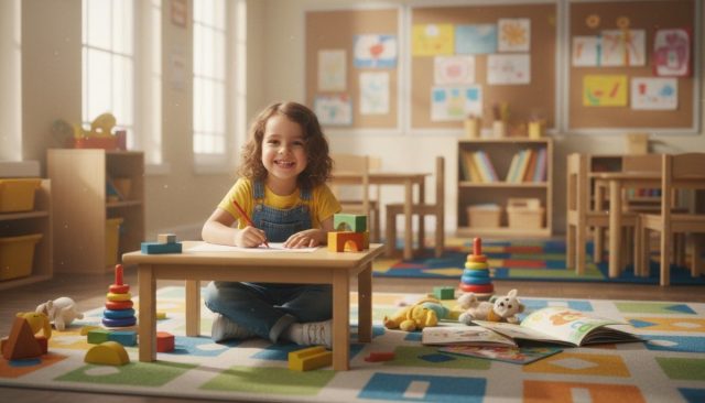 Young child drawing with crayons in bright classroom with educational toys and books, early childhood education concept