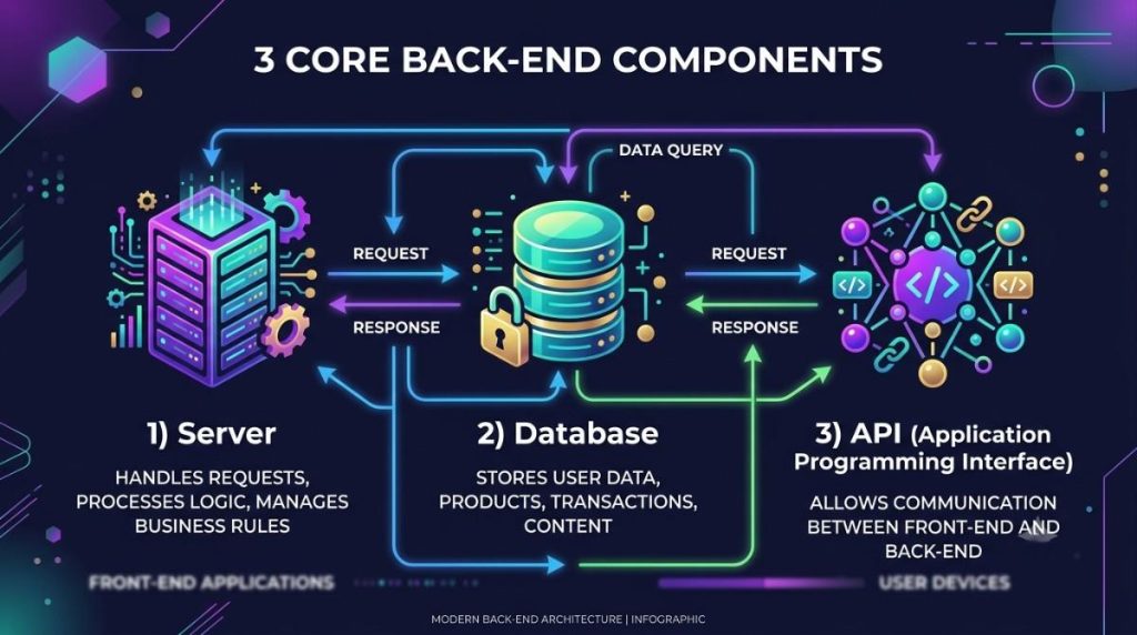 3 back-end components infographic - Server, Database, API with icons and descriptions