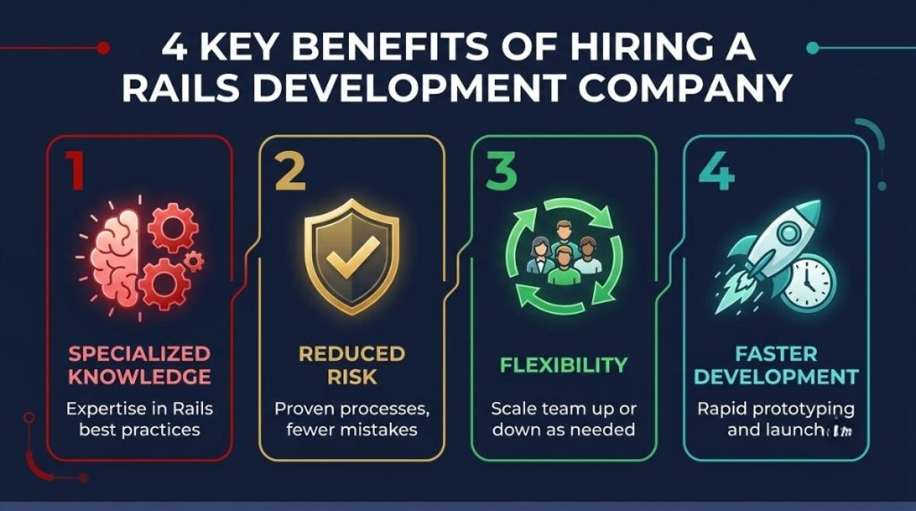 4 benefits of hiring Ruby on Rails development company - specialized knowledge, reduced risk, flexibility, faster development