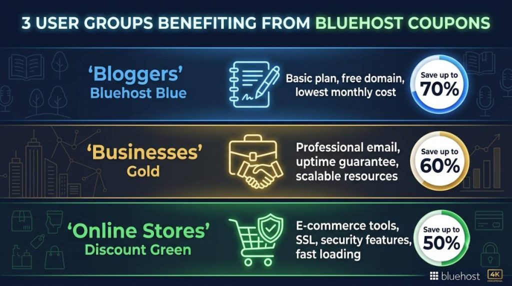 Bluehost coupon savings for bloggers, businesses, and online stores with icons and discount badges