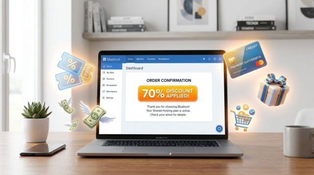 Bluehost laptop with 70% discount badge, floating coupons and credit card, web hosting deals concept Bluehost laptop with 70% discount badge, floating coupons and credit card, web hosting deals concept