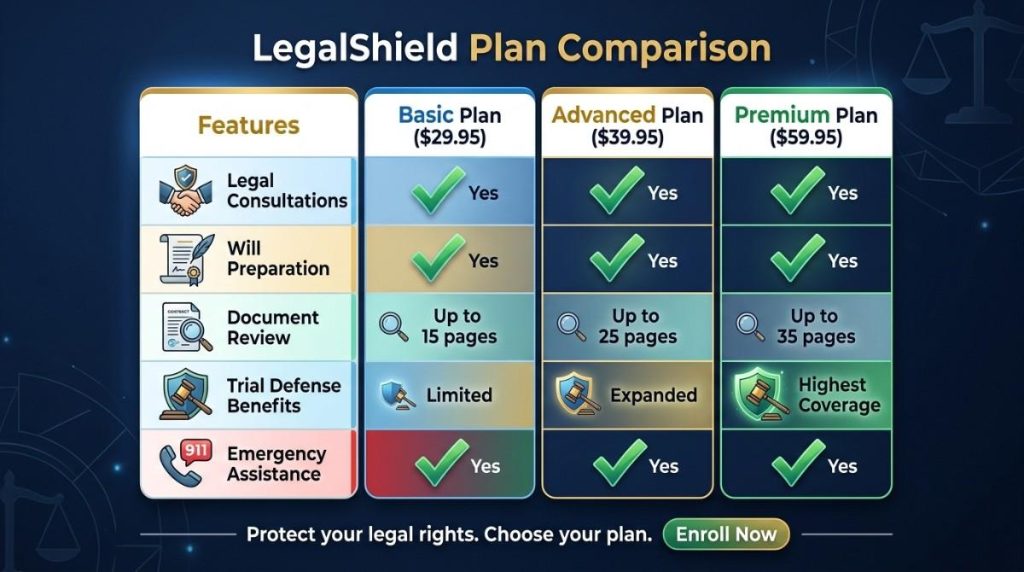 LegalShield plan comparison table - Basic $29.95, Advanced $39.95, Premium $59.95 features