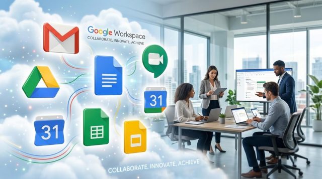 Google Workspace app icons Gmail Drive Docs Meet Calendar floating in cloud with business team Google Workspace app icons Gmail Drive Docs Meet Calendar floating in cloud with business team
