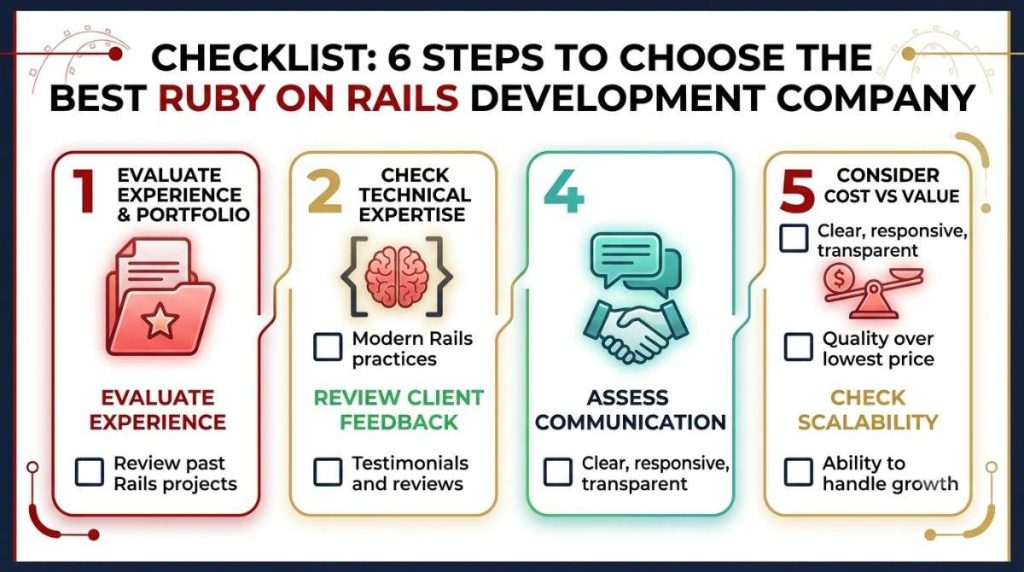 6 steps checklist to choose best Ruby on Rails development company - evaluate, check expertise, review feedback, communicate, cost, scalability