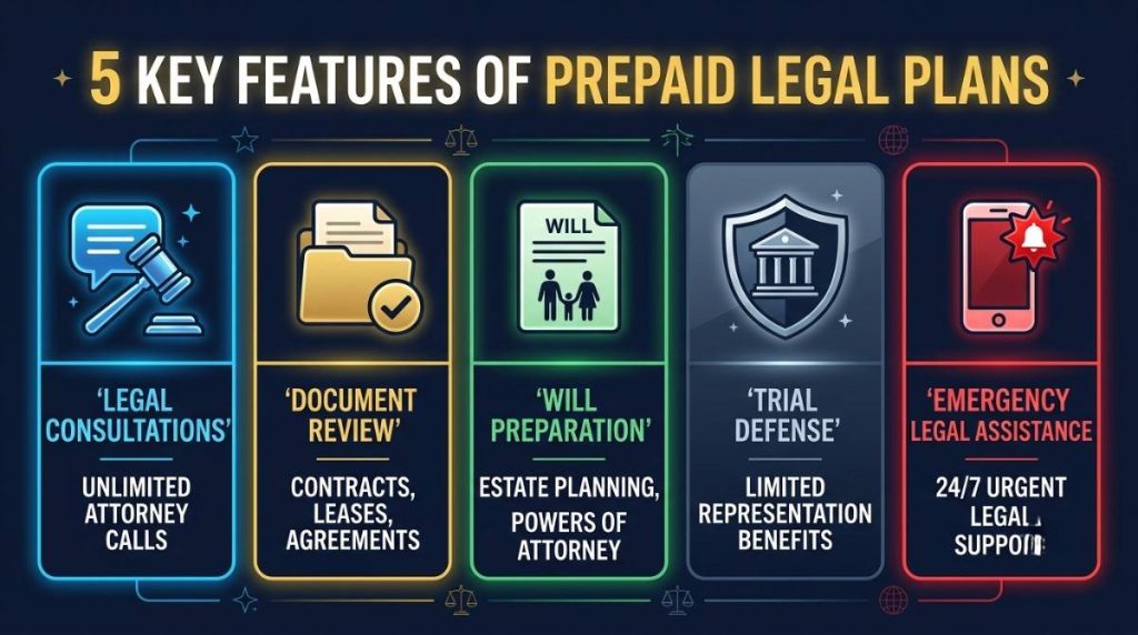 5 key prepaid legal plan features infographic - consultations, document review, will, trial defense, emergency
